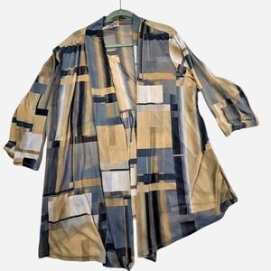 Susan Graver blue and tan Printed Mesh Cardigan kimono Size 3XL